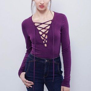 Free People Lucky Lace Up Top Deep V Shirt purple size small